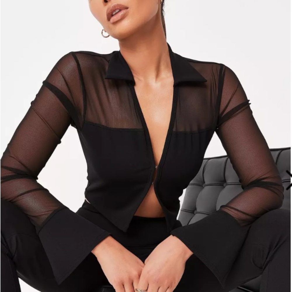 Missguided Black Co Ord Mesh Panel Crop Shirt